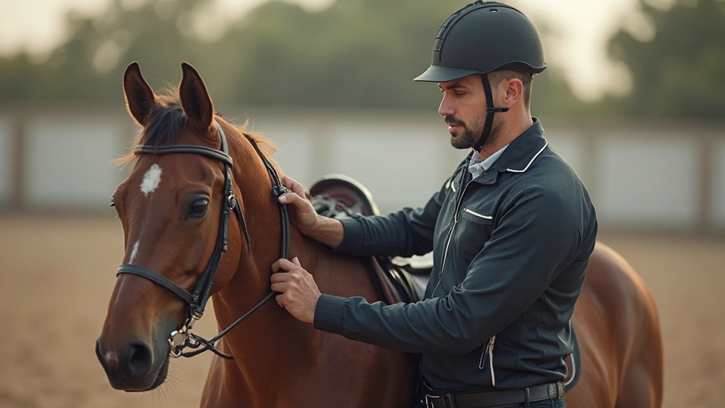 مدرب فروسية يعدل وضعية فارس على الحصان مع التركيز على محاذاة العمود الفقري والأكتاف