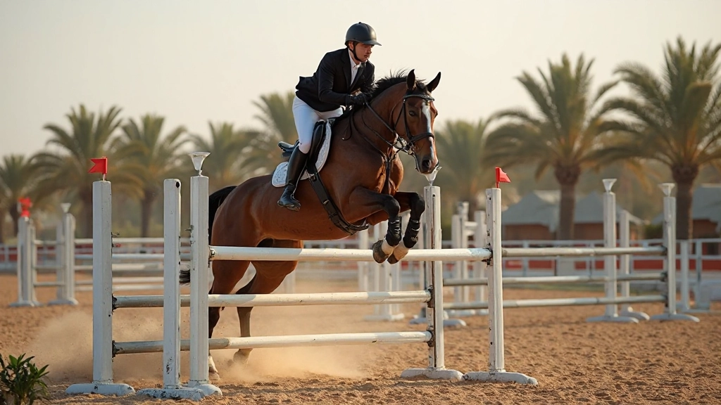 فارس يقفز مع حصانه فوق حاجز في وضعية مثالية
