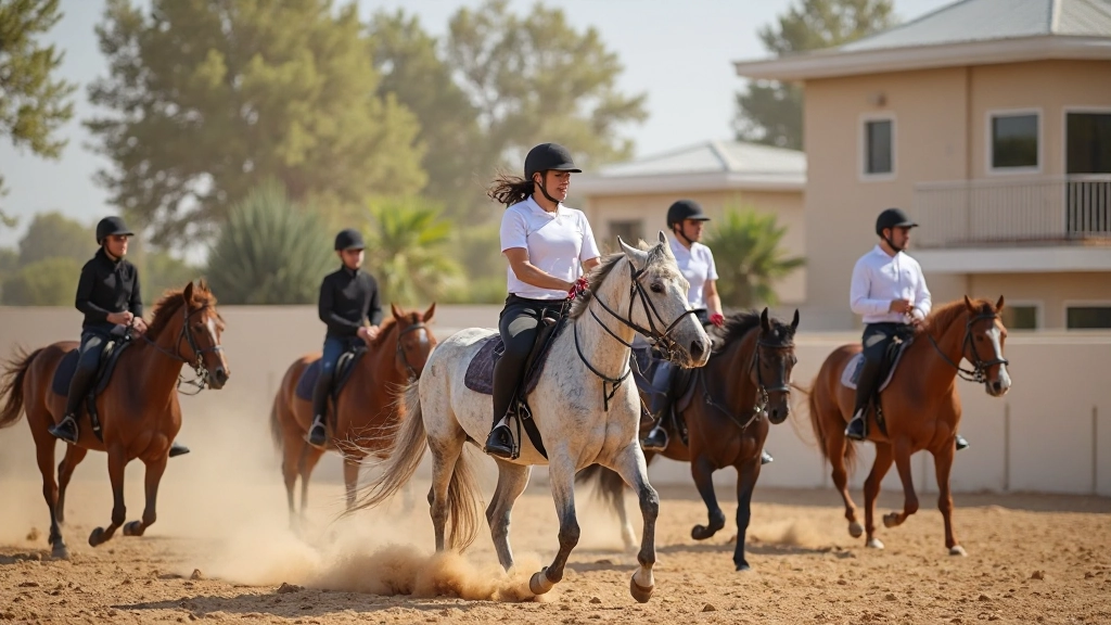 صورة احترافية لمركز تدريب الفروسية الحديث مع فرسان يتدربون