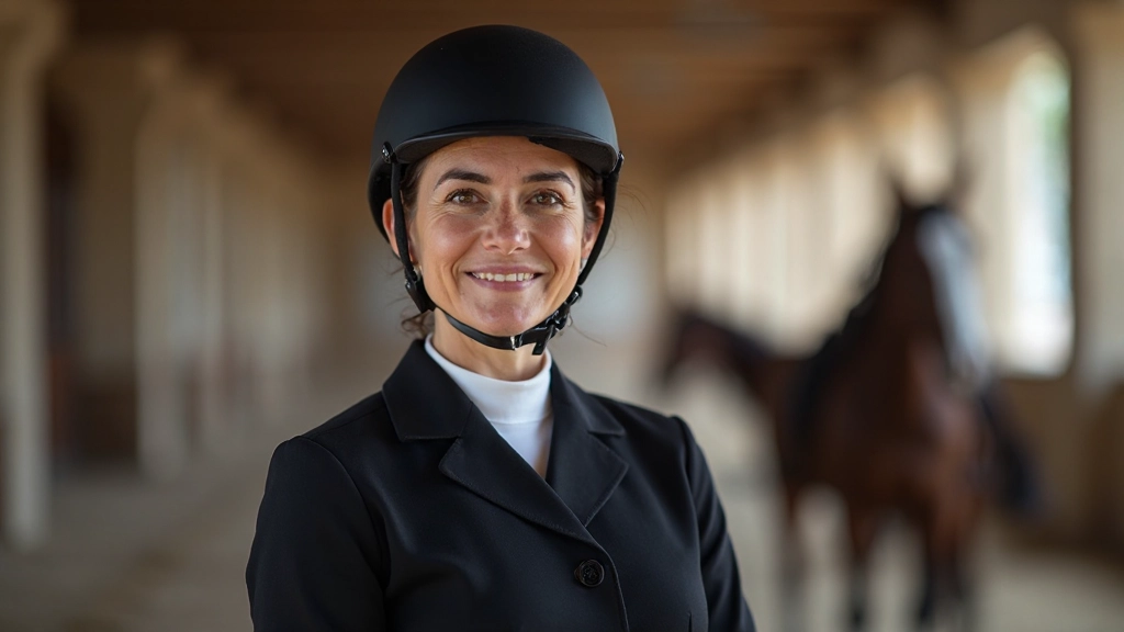 مدربة فروسية محترفة بملابس رسمية داكنة وخوذة آمان في إسطبل حديث، تظهر خبرة واثقة في تدريب الفروسية المتقدمة