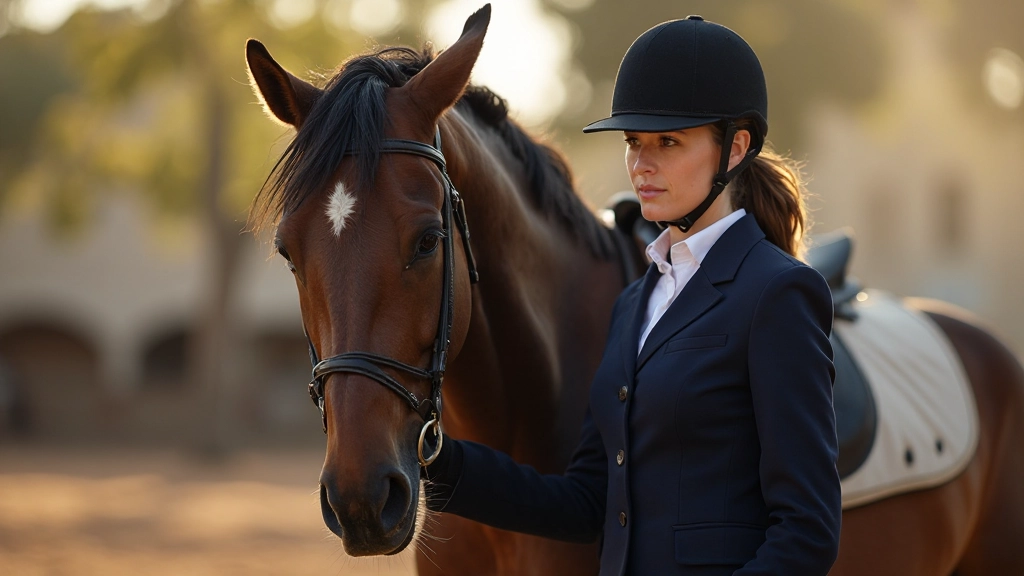 مدربة فروسية تقف بجانب حصان بني تحت شمس الظهيرة في منطقة تدريب احترافية