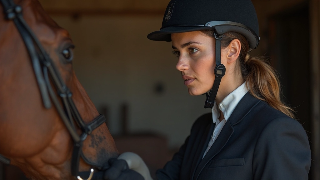 مدربة فروسية متخصصة تفحص حصاناً وتقيم حالته الصحية والجسدية