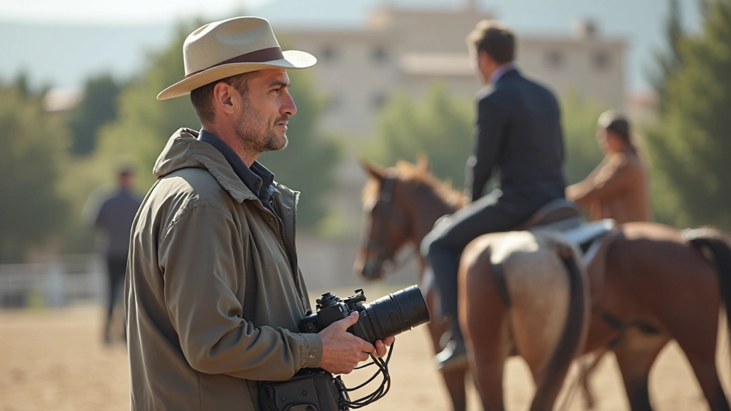 مدرب فروسية يسجل جلسة تدريبية بالفيديو لتحليل أداء المتدرب وتقديم ملاحظات مفصلة