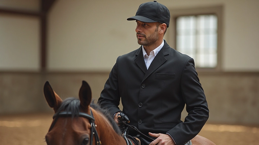 مدرب فروسية يشرح تقنيات الركوب لمجموعة من المتدربين في بيئة تدريب احترافية