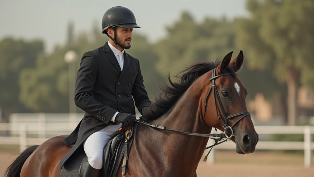 فارس محترف يركب حصاناً بثقة في ملعب تدريب مفتوح مع إضاءة طبيعية