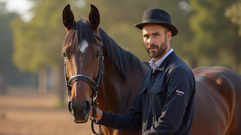 فارس محترف يقف بجانب حصان بني في بيئة احترافية